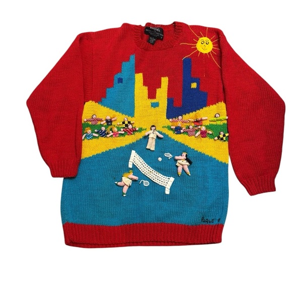 🎾 Vintage Raquel Collection Hand Knit Tennis Match Sweater Peru L Red Blue 🎾 - Picture 1 of 5